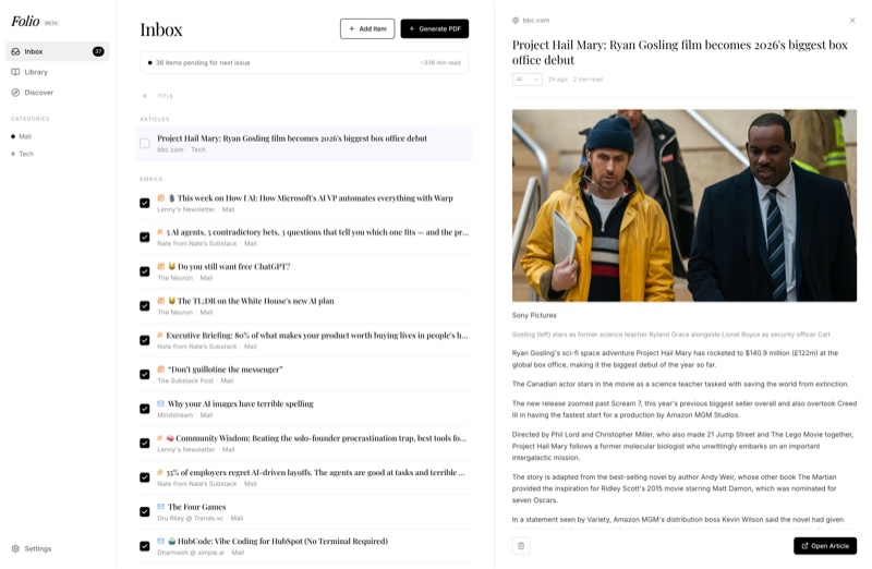 Folio inbox with collected articles and newsletters